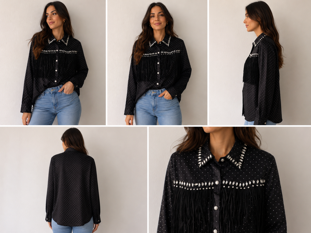 Chemise Noire Western à Franges et Strass