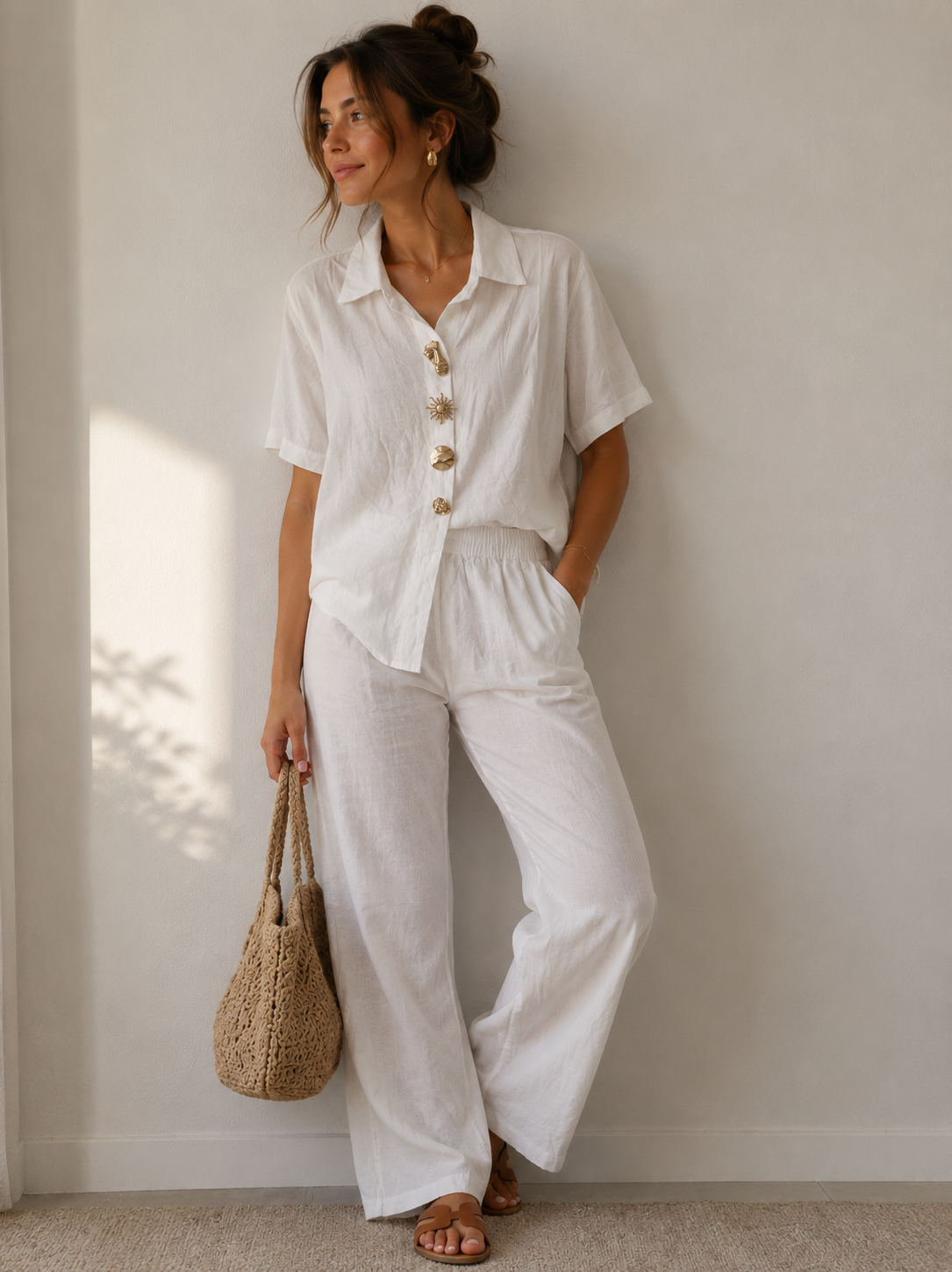 Witte linnen set voor dames – Blouse met korte mouwen & wijde broek