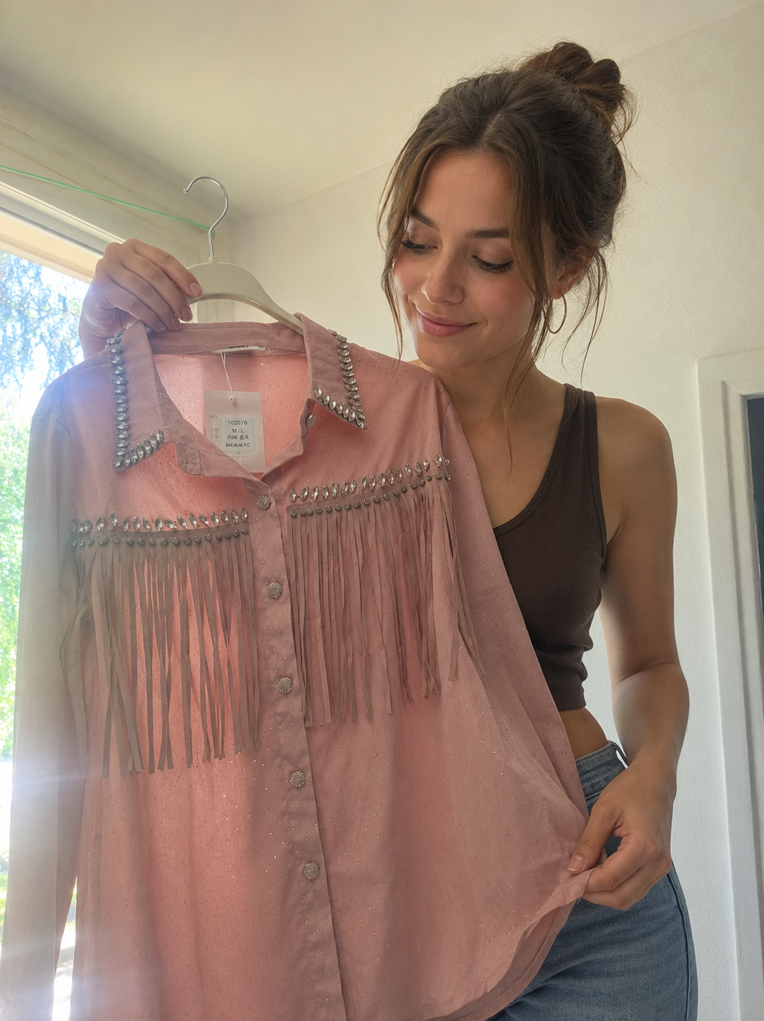 Chemise Rose Pâle Strass & Franges