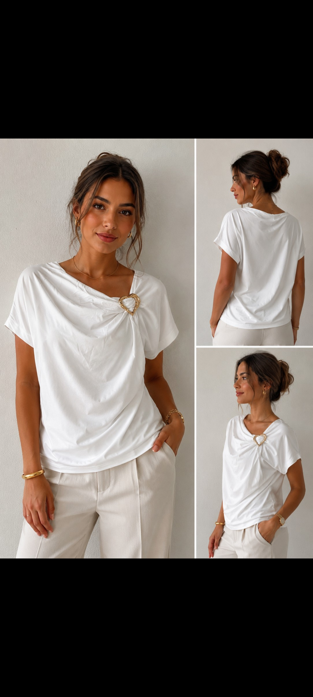 T-shirt Drapé Blanc – Broche Cœur Dorée