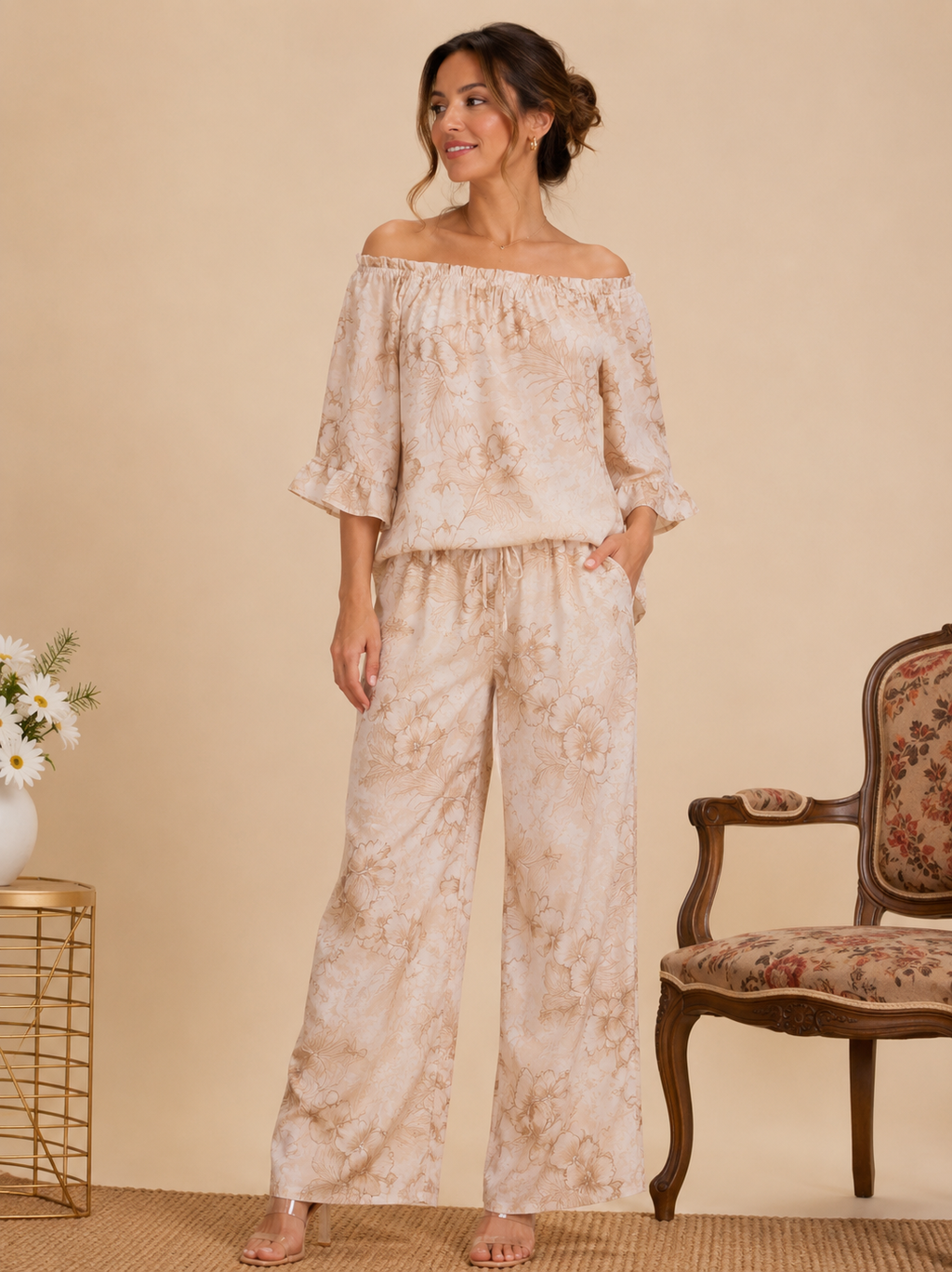 Ensemble Deux Pièces Fleuri – Top Bardot & Pantalon Large