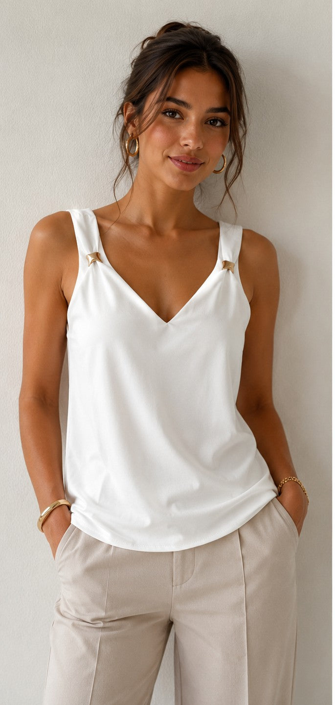 Witte Tanktop met V-hals en Gouden Details