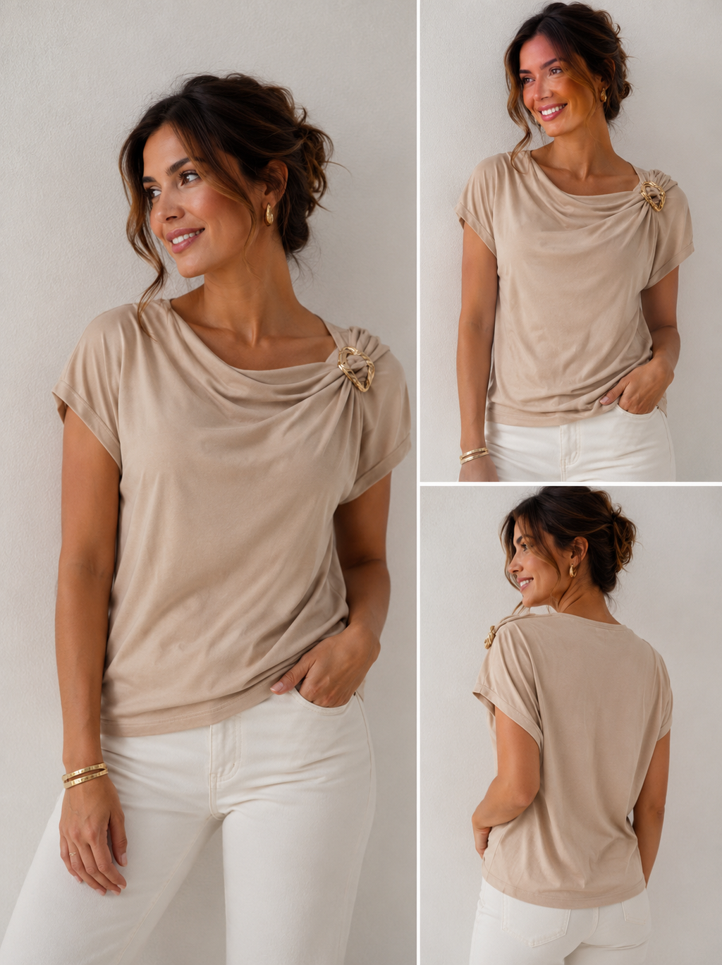 Top Drapé Beige – Broche Dorée Épaule