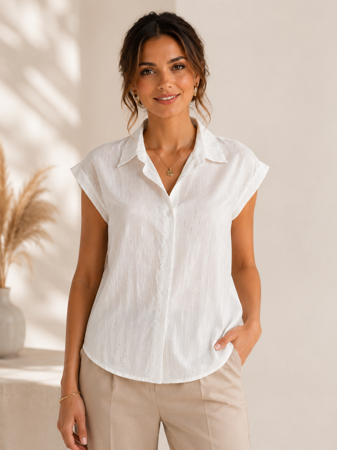 Chemise Blanche Sans Manches à Col Chemisier