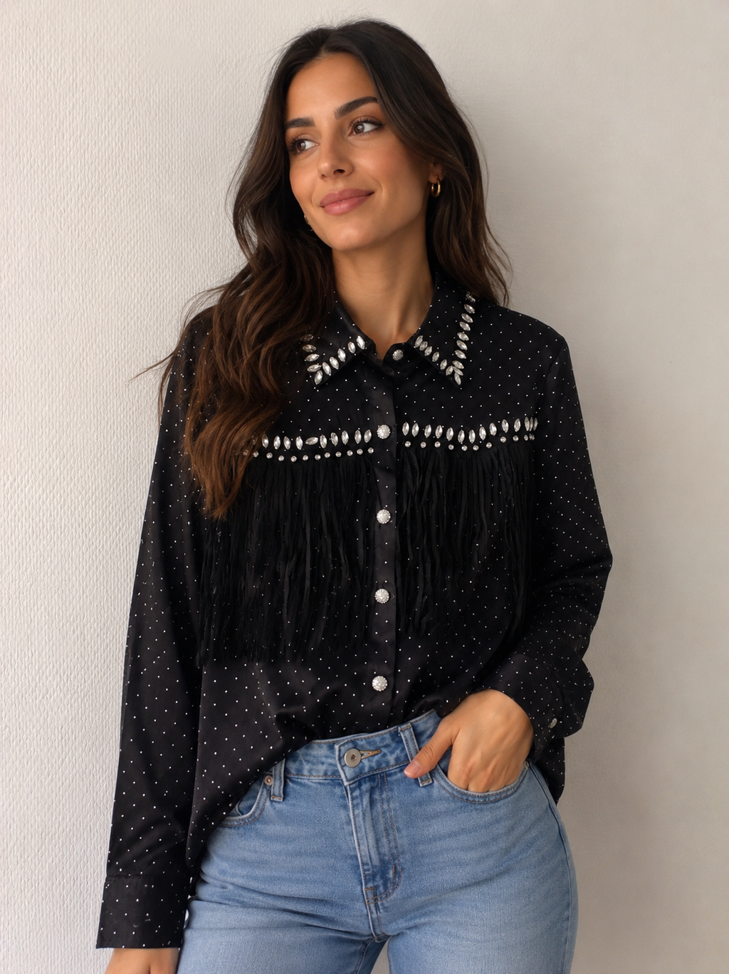 Chemise Noire Western à Franges et Strass