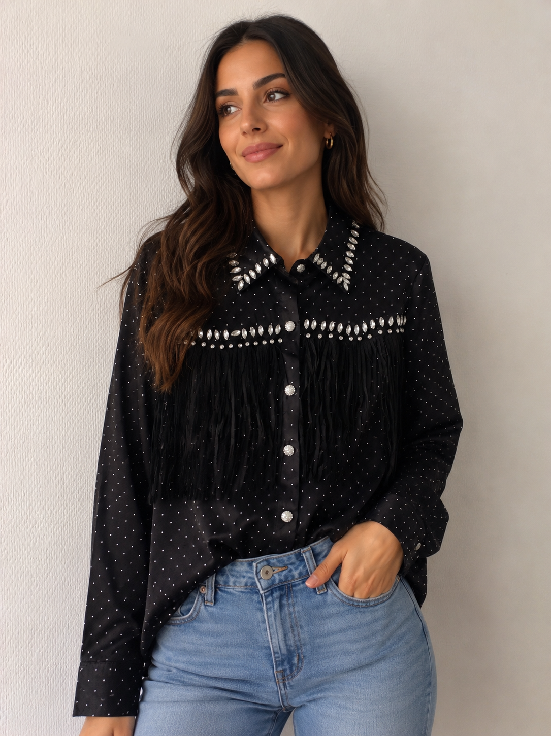 Chemise Noire Western à Franges et Strass