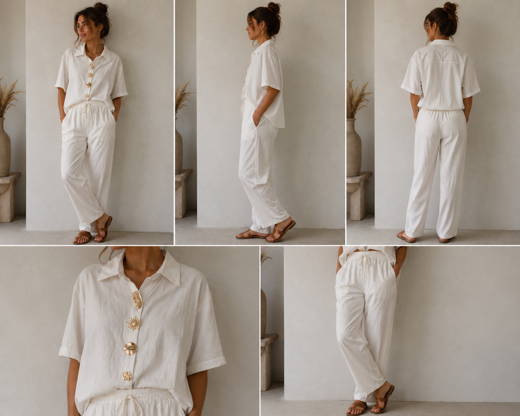 Witte linnen set voor dames – Blouse met korte mouwen & wijde broek