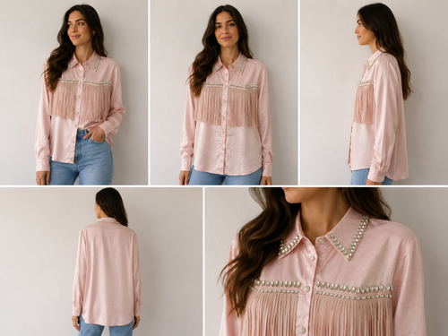 Lichtroze blouse met strassteentjes en franjes