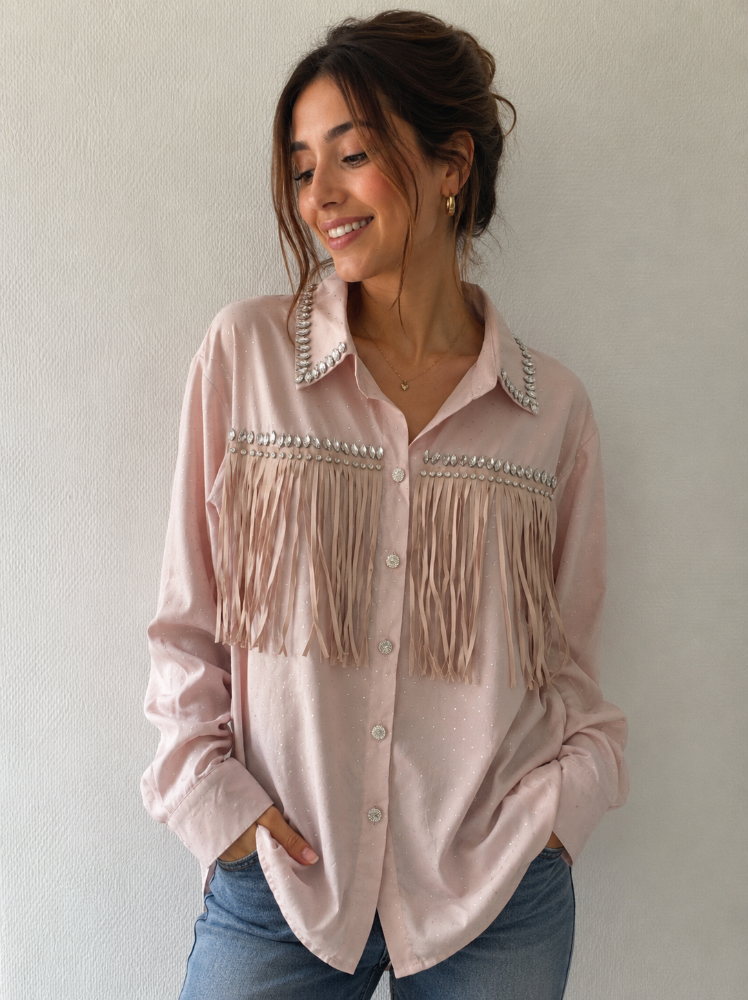 Chemise Rose Pâle Strass & Franges