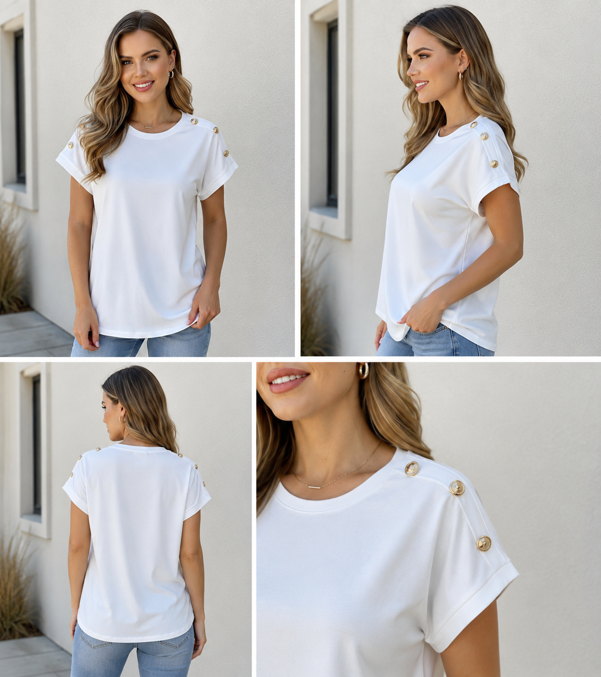 T-shirt wit met gouden knopen
