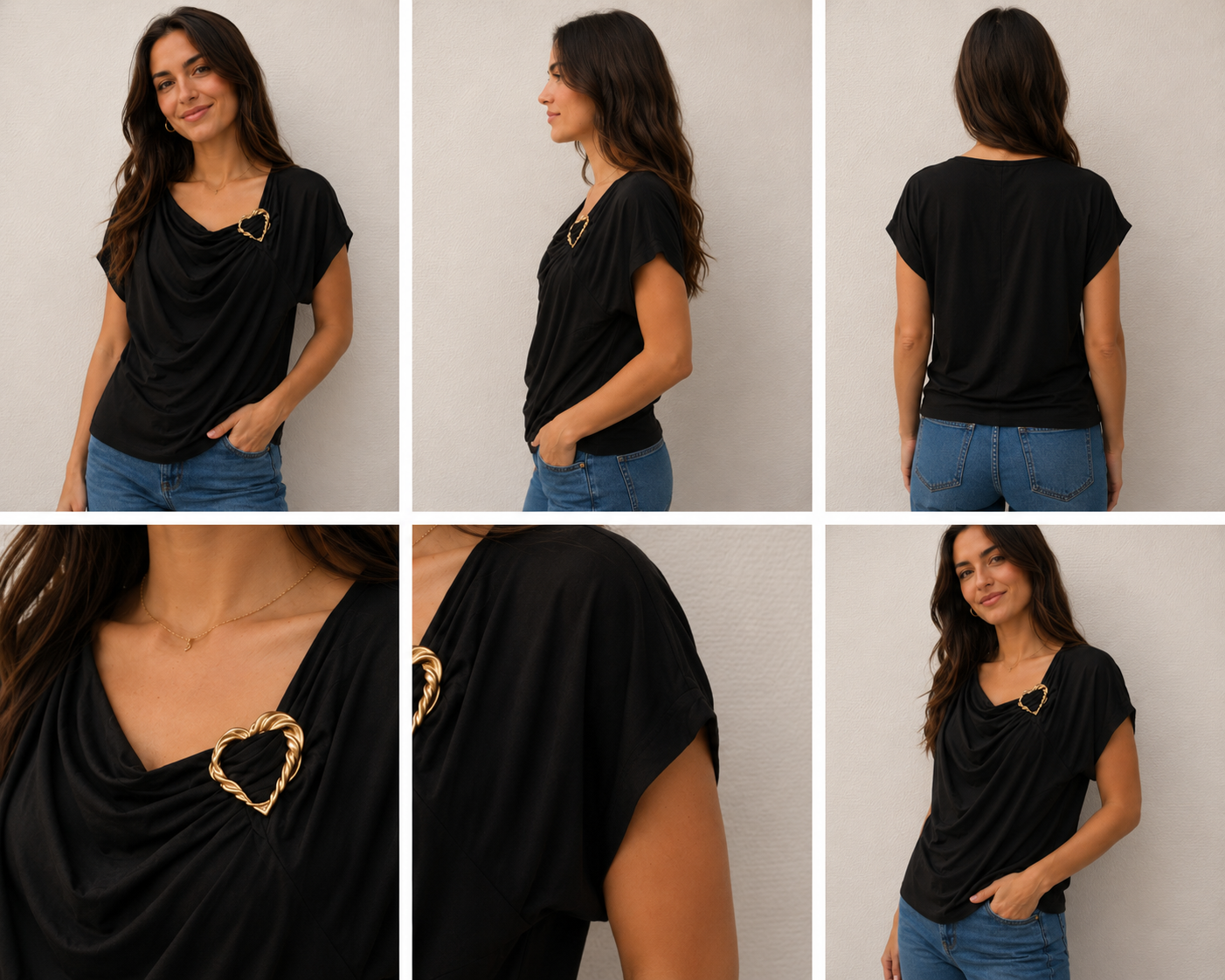 Zwarte top met gedrapeerde kraag en gouden hartdetail